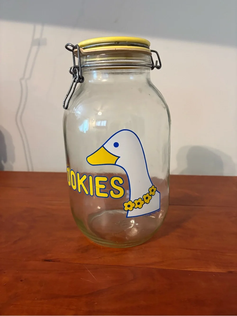 Vintage Carlton Goose Glass Cookie Jar Yellow Lid Canister 1982 Farmhouse Decor